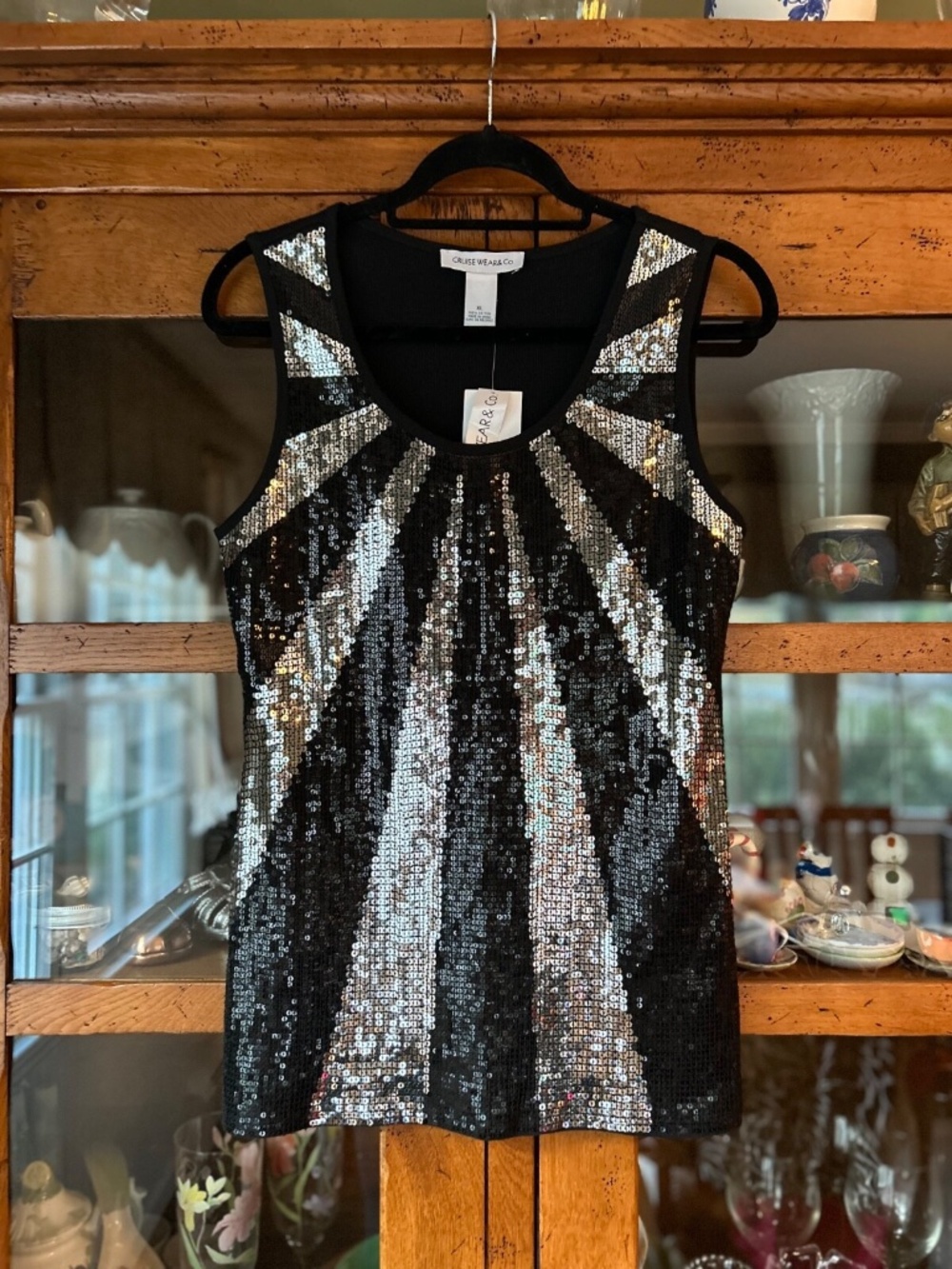 CRUISE WEAR & CO. Silver & BLACK SEQUIN Sunburst EMBELLISHED TANK TOP XL - NWT